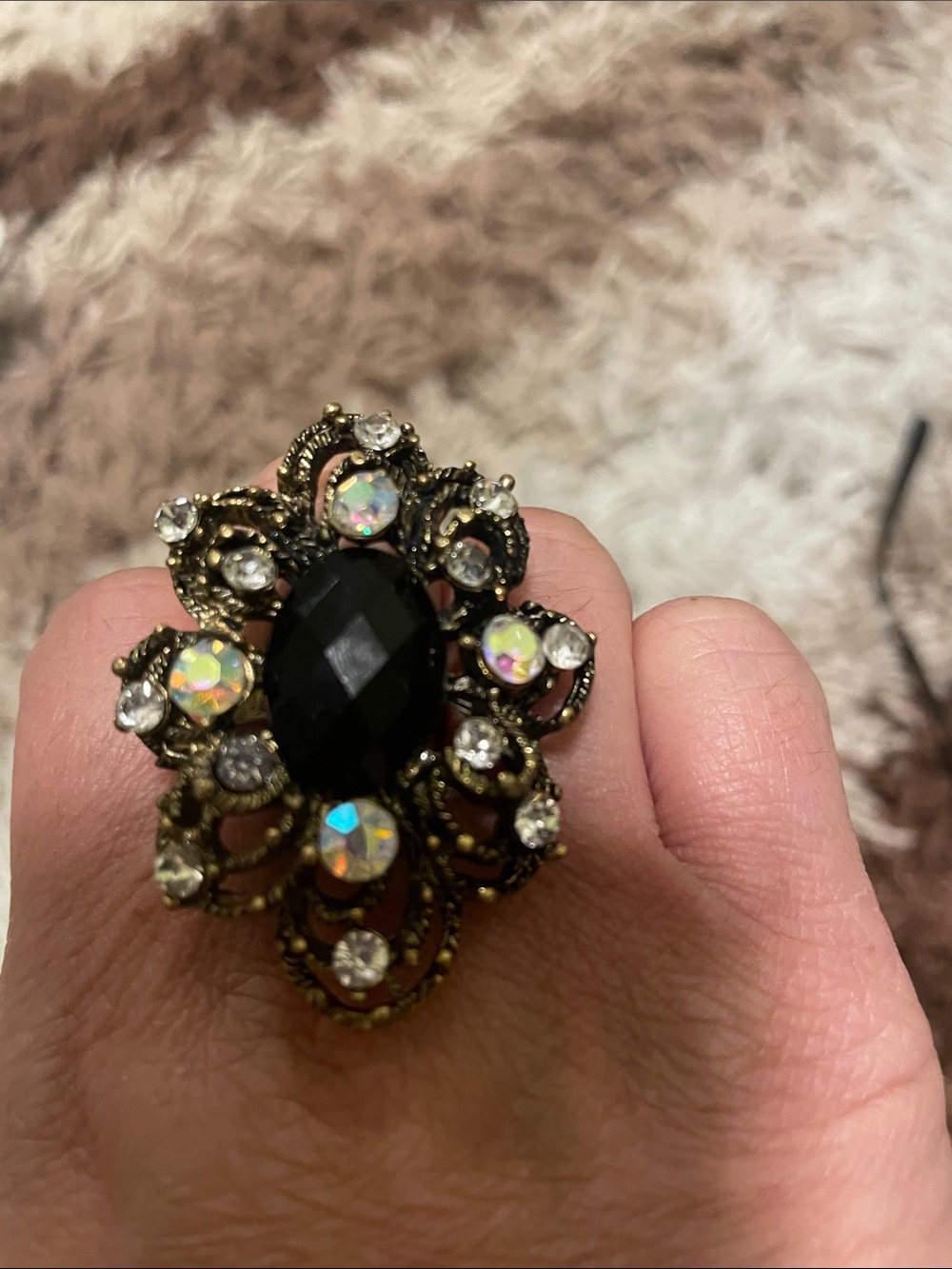 Vintage-Inspired Black Crystal Statement Ring - Unbranded
